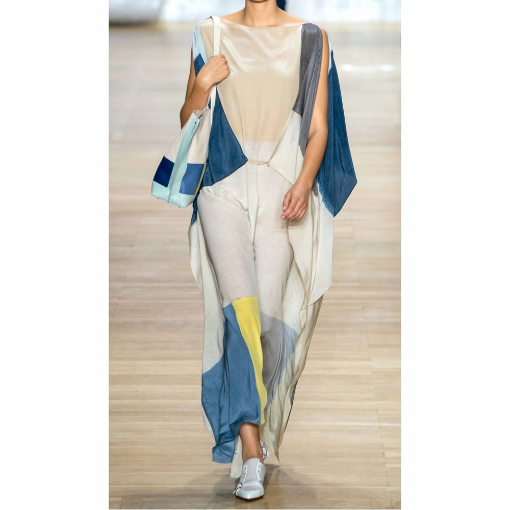 Akris Pittura Print Silk Maxi Cape Caftan Dress Colorblock Stripe Blue Beige 10
